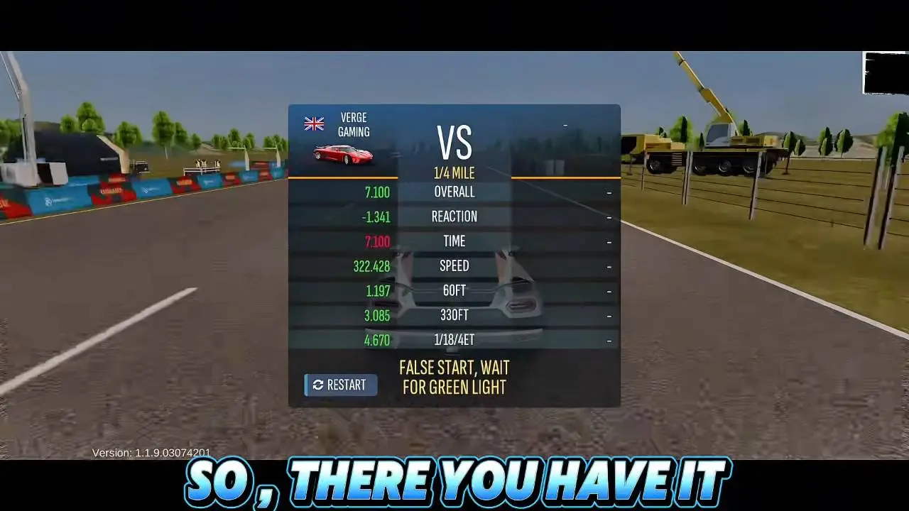 Quarter mile result panel showing Overall 7.100, reaction -1.341, speed 322.428, 60ft 1.197 and 330ft 3.085 for the Koenigsegg