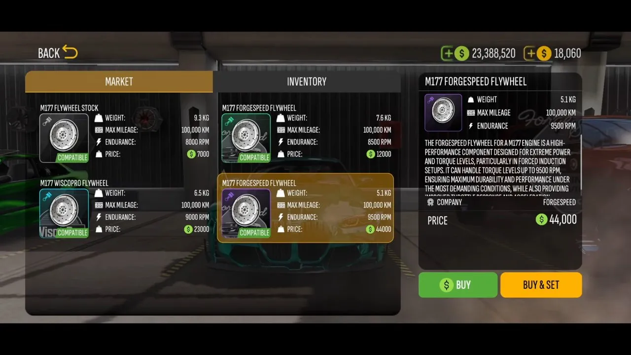 M177 flywheel market with Stock, Forgespeed, Wiscopro and a 44,000 Forgespeed flywheel highlighted with Buy and Buy & Set