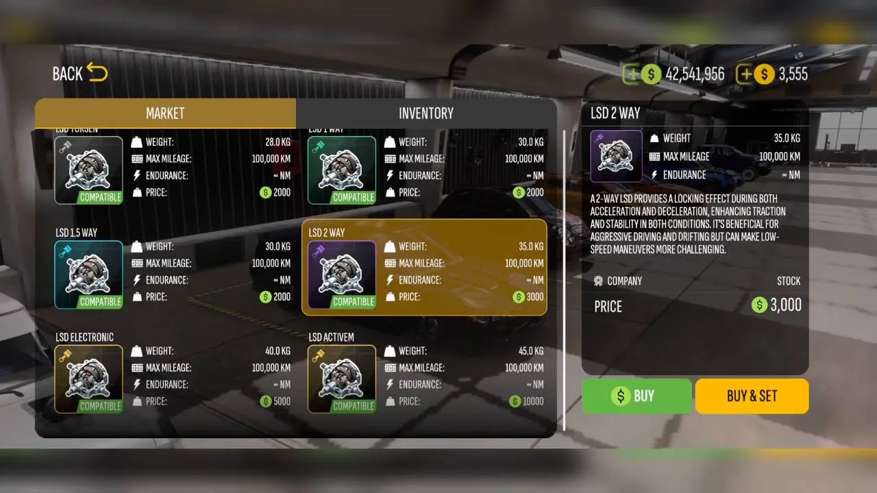 LSD market with LSD 2 WAY highlighted at 3,000, next to LSD Torsen, 1 Way, 1.5 Way, Electronic and ActiveM