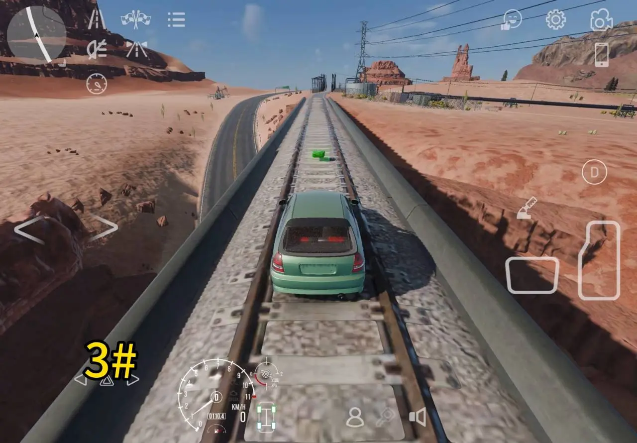 Car driving along the desert railway with a green gift box on the rails ahead