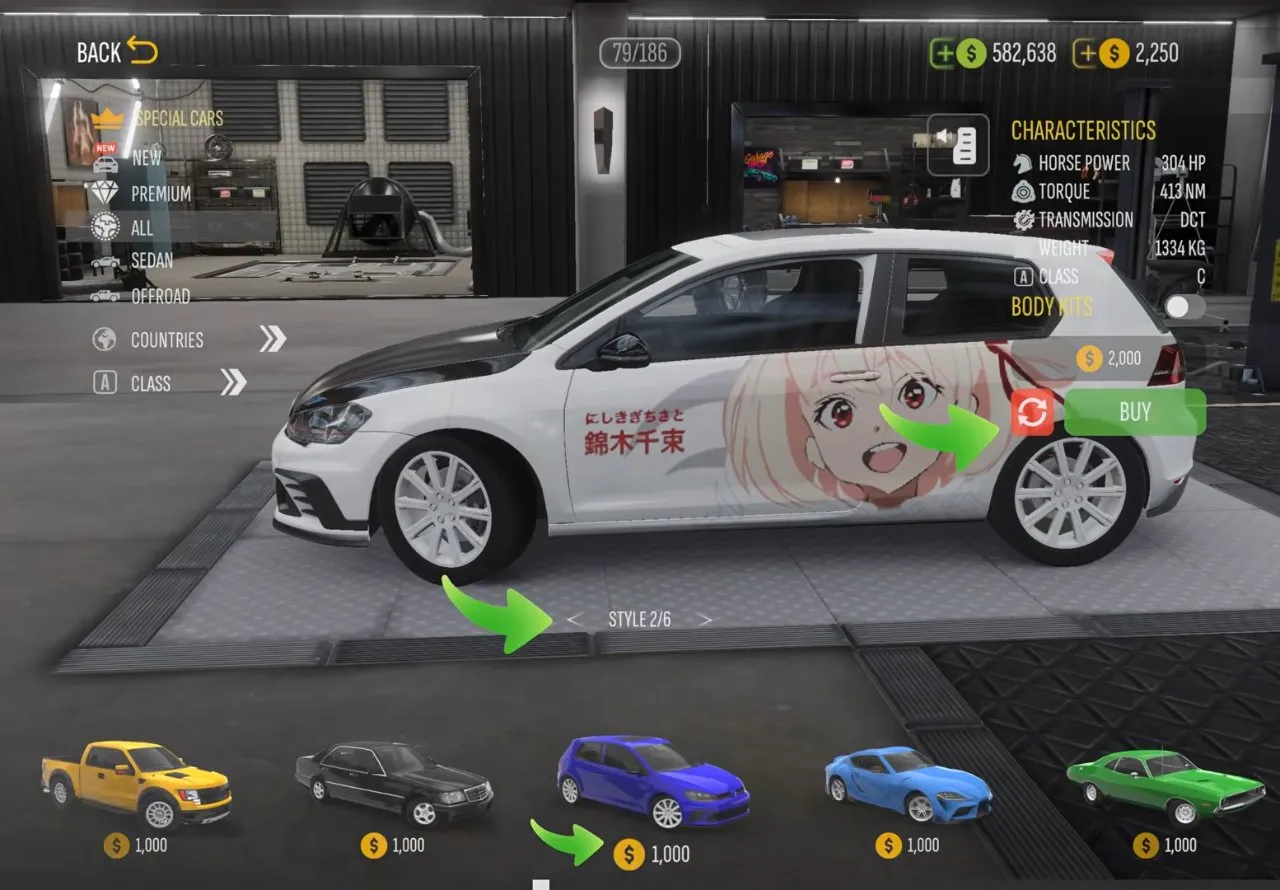 Anime-design Golf in the car shop with Style 2/6 selected, a yellow 2,000-coin price and the Buy button