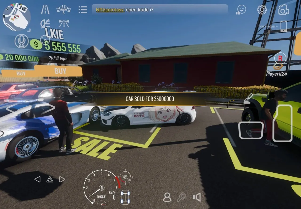 CAR SOLD FOR 35000000 message above the anime Golf in the SALE lot with players standing nearby