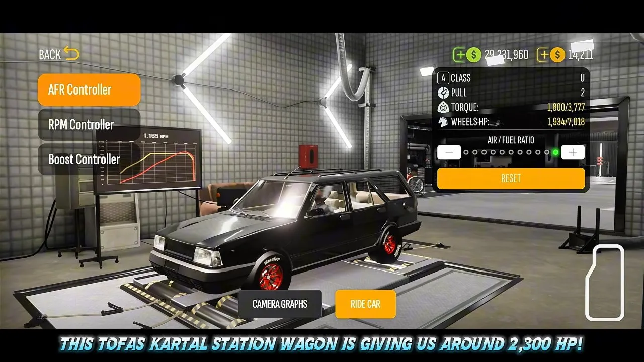 Kartal dyno showing Wheels HP 1,934/7,018 while the caption claims around 2,300 HP