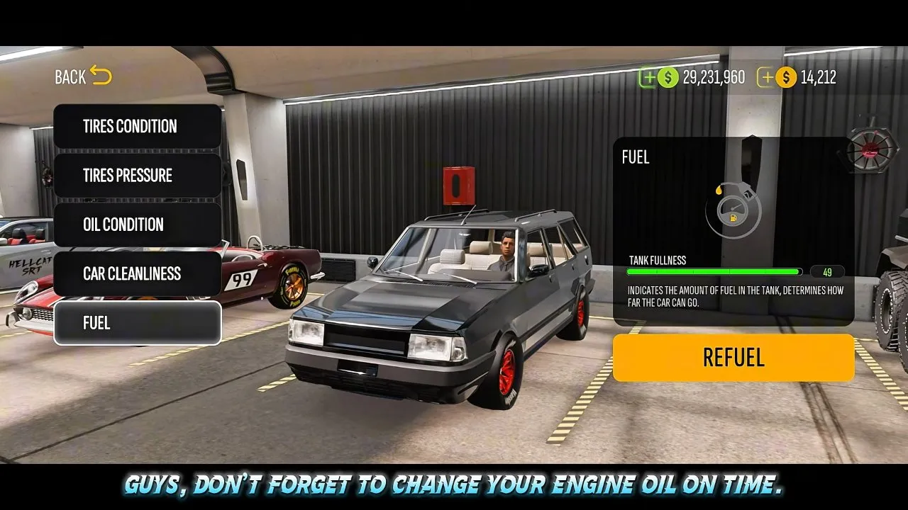 Kartal maintenance menu showing Tires Condition, Tires Pressure, Oil Condition and Fuel entries