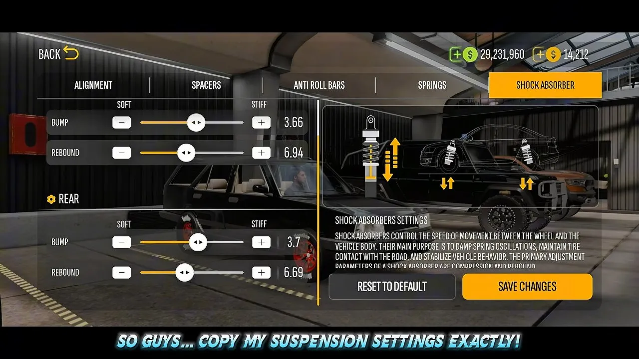 Kartal Shock Absorber screen showing front bump 3.66 and rebound 6.94, rear bump 3.7 and rebound 6.69