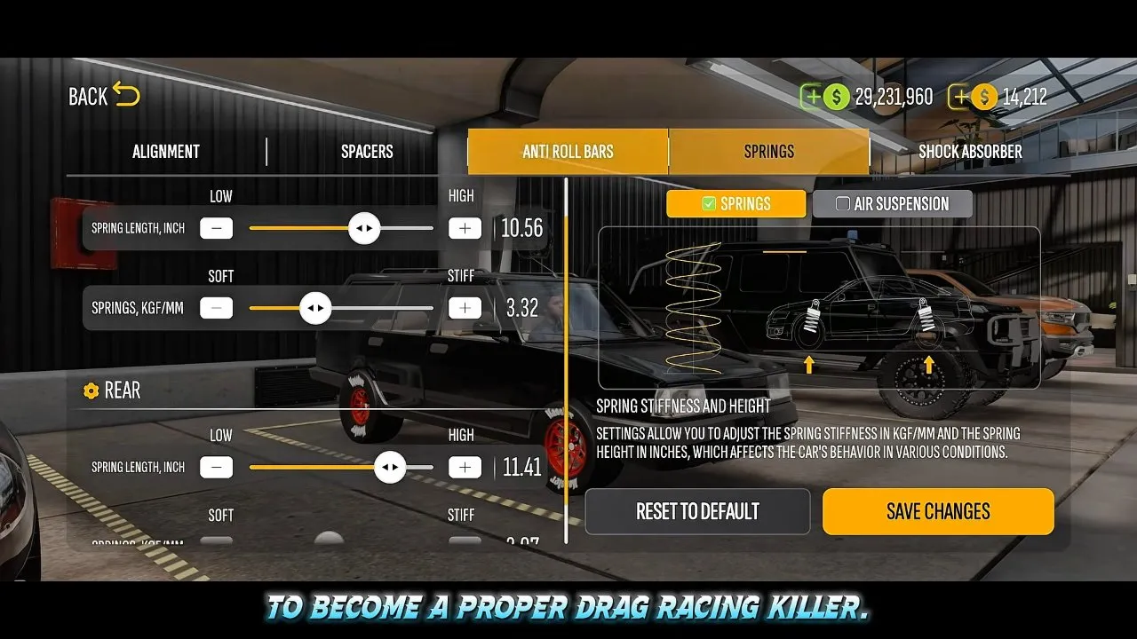 Kartal Springs controls showing front length 10.56 inches, front stiffness 3.32 and rear length 11.41 inches